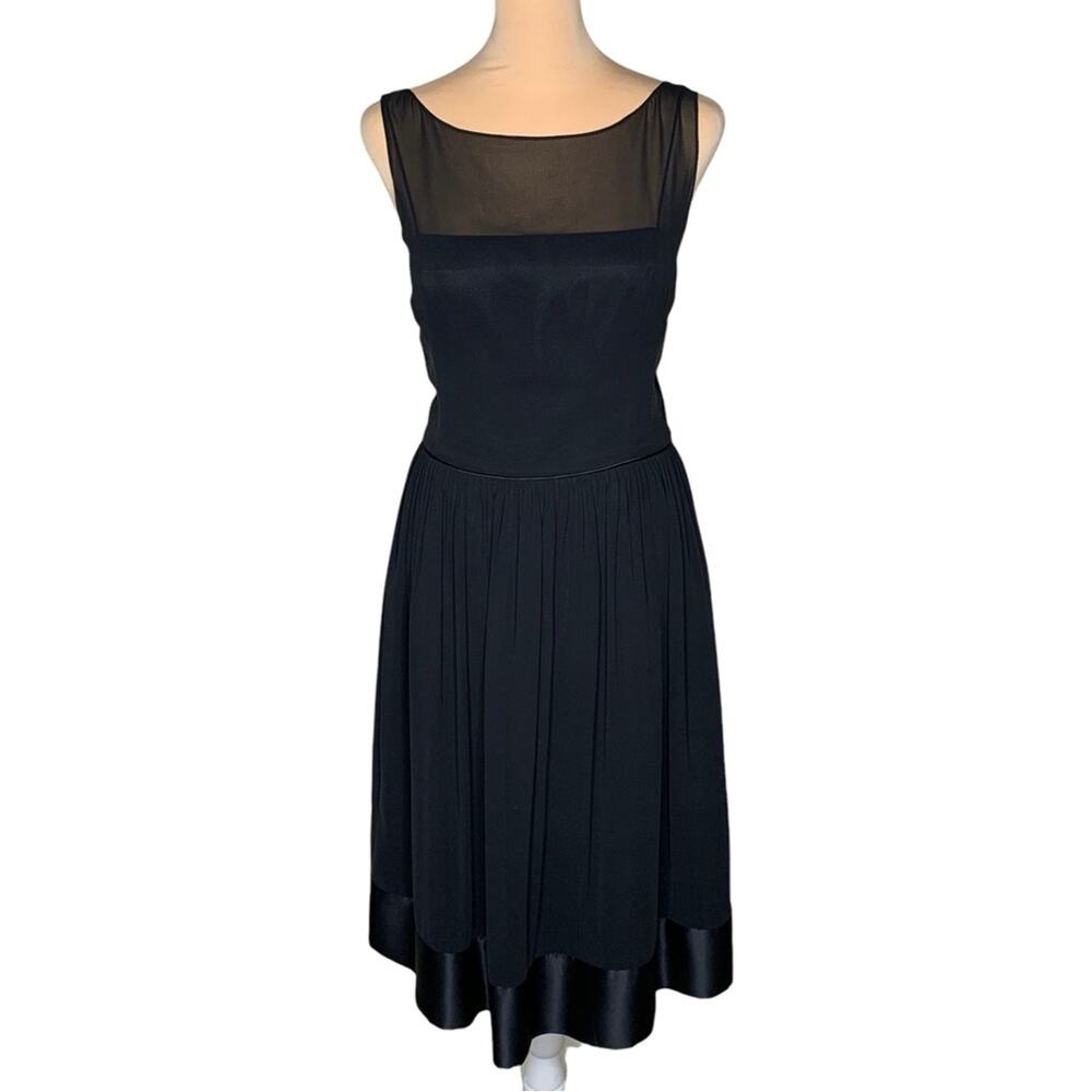 Black Silk Chiffon Midi Dress 4 Sheer Yoke Pleated  Cocktail Wedding Guest Party